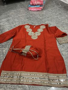 Red Embellished Kurta Set with Matching Potli Bag