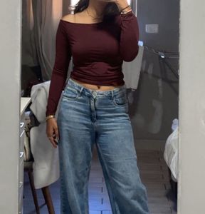 Maroon Off-Shoulder Long Sleeve Top