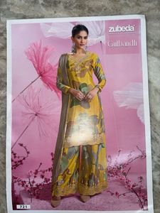 Yellow Floral Kurta Set with Embellished Neckline
