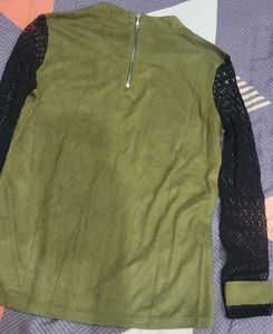 Stylish Olive Green Top with Black Lace Sleeves