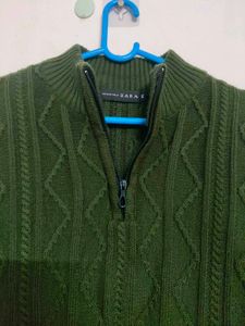 Men's Dark Green Cable Knit Quarter Zip Sweater