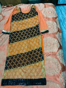 Orange & Black Embroidered Kurta