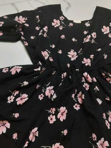 Black Floral Print A-Line Dress