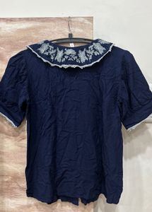 Embroidered Peter Pan Collar Navy Top