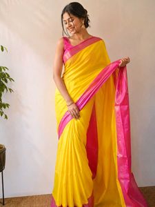 Vibrant Yellow Silk Saree with Pink Border
