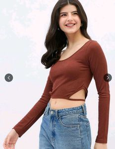 Rust Brown Ribbed Long-Sleeve Fitted Top