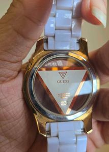 Guess Gold-Tone Watch with White Band