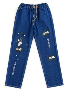 Blue Denim Jogger Pants with Print