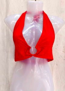Red Halter Neck Crop Top with Ring Detail