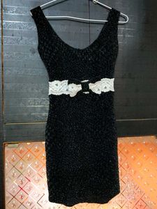 Black Textured Dress with White Bow Accent