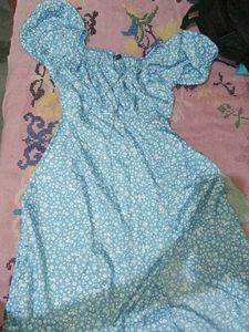 Cute Blue Floral Puff Sleeve Dress