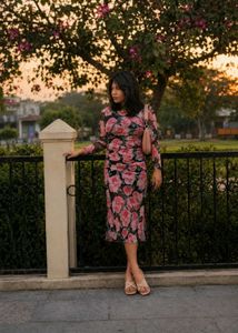 Floral Print Ruched Mesh Maxi Dress
