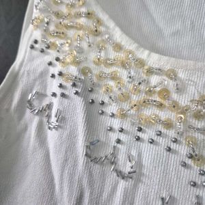 White Embellished  Top &amp; Navy Blue Flare