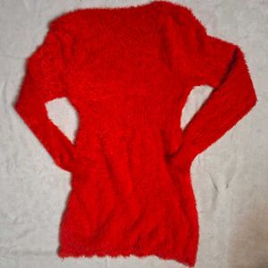 Cozy Red Woollen Long Sleeve Winter Sweater Dress