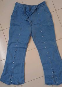 Pearl Embellished Denim Flares