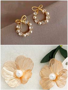 Elegant Gold Tone Pearl & Crystal Earrings