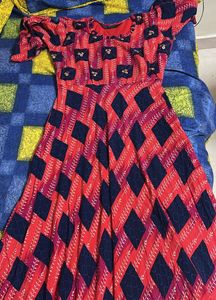 Stylish Red & Blue Printed Ethnic Dress