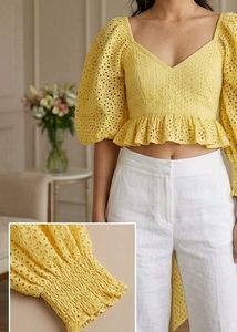Yellow Eyelet Peplum Top