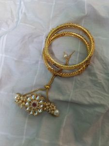 Combo Of Two Golden Bangles, One Bracelet And Kada