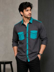 Men's Stylish Grey & Teal Button-Down Shirt