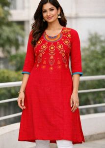 Red Embroidered Kurta