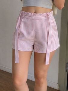 Pink Striped Paperbag Waist Shorts