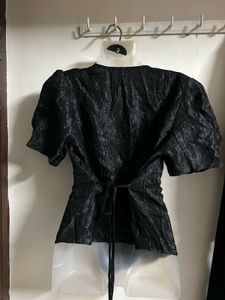 Black Textured V-Neck Top