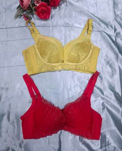 Two Bras: Yellow Lace & Red Sparkle