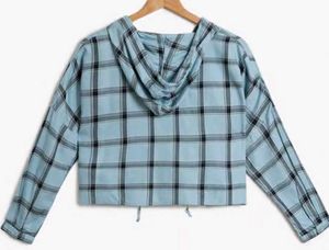 Light Blue Plaid Cropped Hoodie Shirt