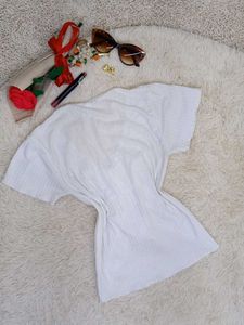White Ruched V-Neck Top