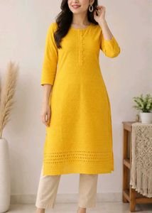 ✨ Mustard Yellow Chikankari work Cotton Kurti with