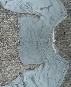 light blue off the shoulder long sleeve crop top