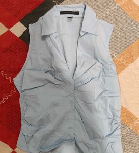 Sleek Blue Ruched Sleeveless Top