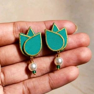 Teal Tulip Fabric Earrings with Pearl Drop