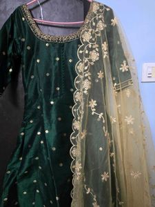 Elegant Green Anarkali Set with Gold Dupatta