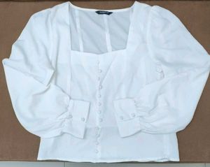 Elegant Sheer Panel White Button-Down Top