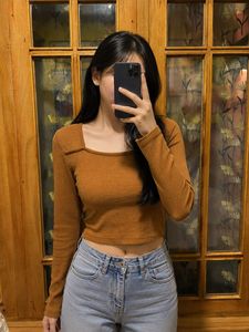 Brown Ribbed Square Neck Long Sleeve Crop Top