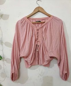 Chic Lace-Up Pink Blouse