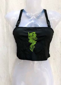 Black Crop Top with Green Dragon Design