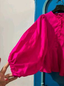 Vibrant Pink Balloon Sleeve Peplum Top