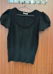 Elegant Black Top with Beaded Neckline