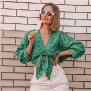Zara Green Floral Tie-Front Blouse