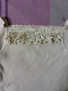Cream Lace Trim Ribbed Tank Top