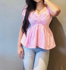 Pink Striped Puff-Sleeve Peplum Top