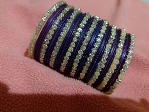 Dark Blue Silver Metallic Glass Bangles Set