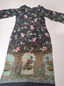 Elegant Black Kurta Set with Peacock Motif