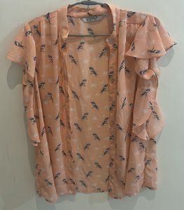 Bird Print Ruffle Sleeve Top