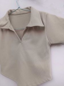 Stylish Beige Collared Crop Top (UNUSED)