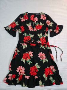 Floral Print Wrap Dress with Ruffle Sleeves