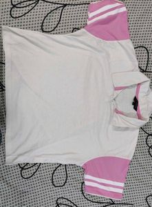 White & Pink Striped Sleeve Polo neck tshirt